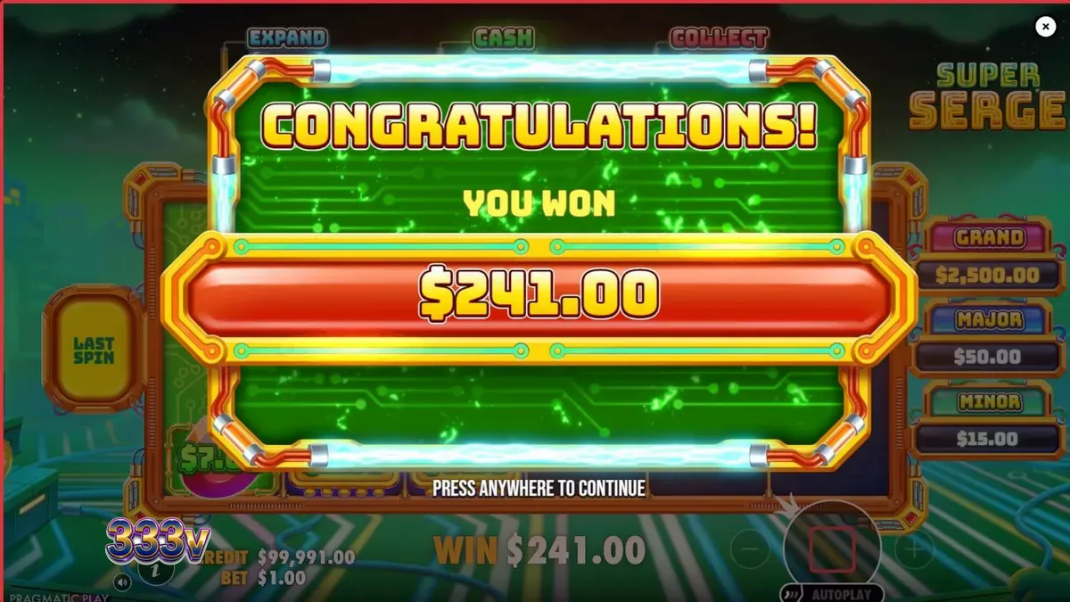 Tampilan antarmuka slot Super Serge dengan tema teknisi neon futuristik